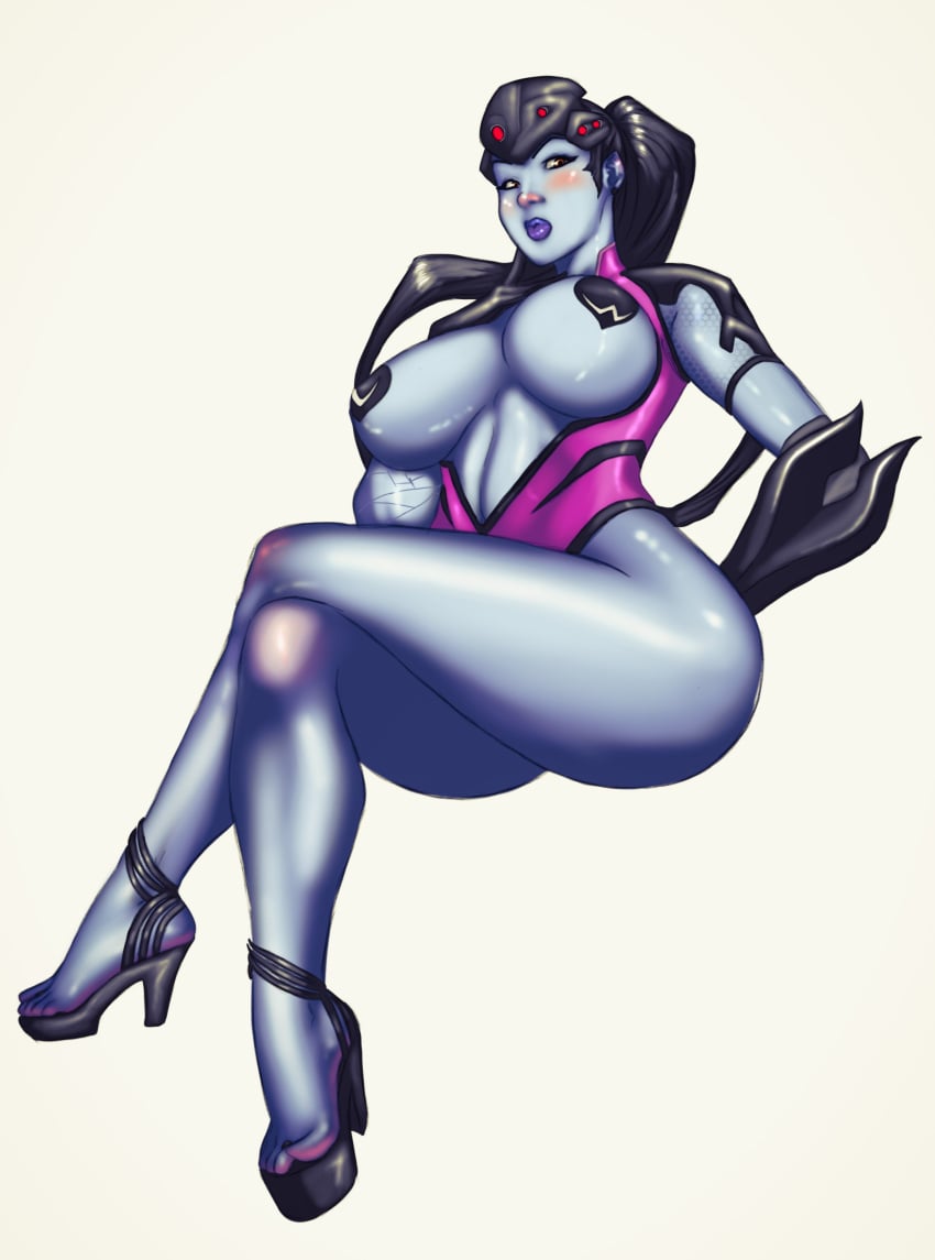 bare_legs big_breasts black_hair blue_skin blush bodysuit breasts breasts_out brown_eyes busty eyelashes female female_focus female_only high_heels huge_breasts large_breasts lipstick long_hair mommylexis_(artist) open_bodysuit overwatch pasties pinup ponytail pose posing sitting solo tagme thick_lips thick_thighs tied_hair wide_hips widowmaker