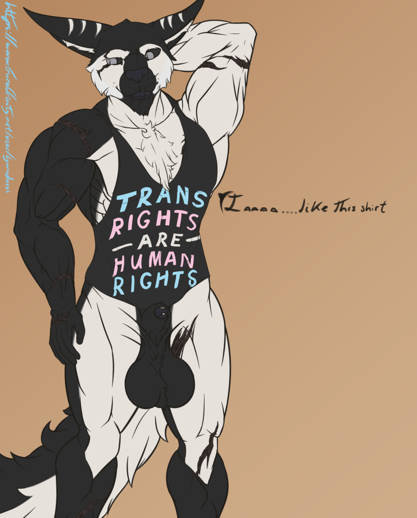 1boy 2019 abs animal_genitalia animal_penis anthro balls biceps big_ears black_sclera bottomless chest_tuft claws dialogue ear_scar english_text equine_penis felid fingers flaccid fluffy fluffy_tail fur hi_res horsecock huge_balls invalid_tag lgbt_pride lyunadarsi male male_only mammal muscular muscular_male nipples open_mouth pecs penis simple_background smile solo text tuft white_body white_fur zenkia_(character)