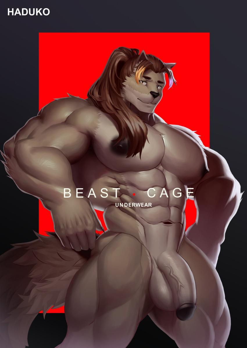 1boy 2019 5_fingers anthro anthro_only balls black_nipples black_nose brown_hair buff claws english_text furry furry_ears furry_only furry_tail haduko haduko1 hands-free male male_only muscles muscular muscular_male nipples nude nude_male penis pointy_ears red_background tan_fur testicles wolf wolf_ears wolf_tail