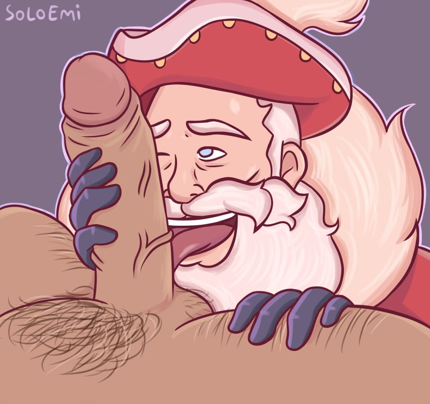 bara beard big_penis blowjob blue_eyes christmas dredge_(paladins) gay hairy hairy_balls hairy_legs hand_on_hip handjob holidays male merrymaker_dredge old_man one_eye_closed oral paladins soloemi_(artist) tongue white_hair