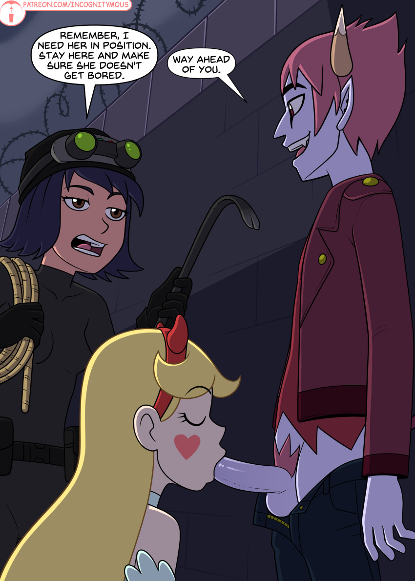 1boy 2girls blonde_hair blowjob demon dialogue disney disney_channel disney_xd distracted_sex fellatio female filipino_female headband horns incognitymous janna_ordonia male monster_boy pale-skinned_female pants_open penis penis_in_mouth skin_tight star_butterfly star_vs_the_forces_of_evil straight tom_lucitor white_female