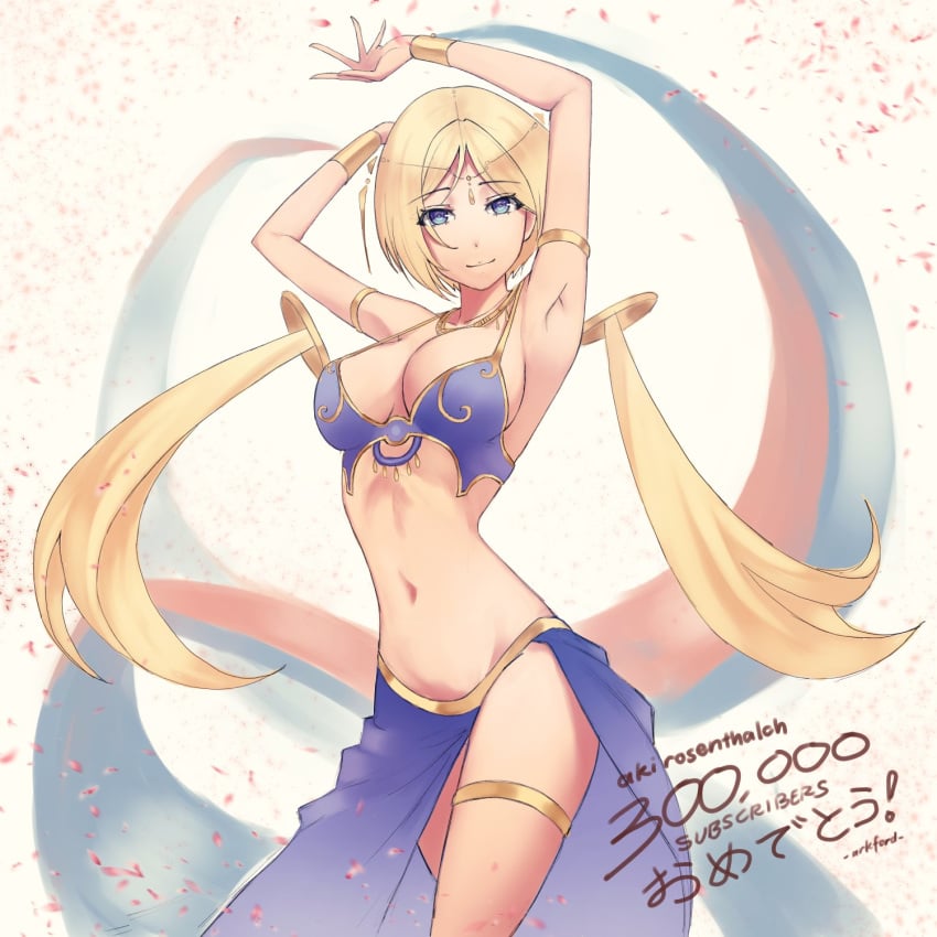 1girls aki_rosenthal alternate_costume ark_ford armlet armpits arms_up artist_name belly_dancer belly_dancer_outfit blonde_hair blue_eyes breasts cherry_blossoms congratulations cowboy_shot dancer dancer_outfit dancing diadem female female_only femsub gold_necklace happy_sub harem_girl harem_outfit highres hololive hololive_gen_1 hololive_japan jewelry light-skinned_female light_skin long_hair looking_at_viewer medium_breasts midriff navel necklace sarong sideboob solo solo_female submissive_female thighlet thighs very_long_hair virtual_youtuber white_background wristband