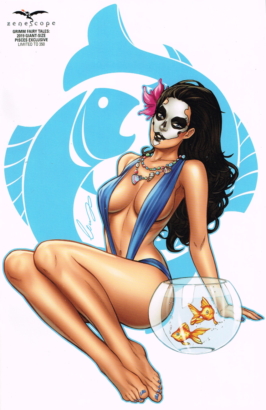 1girls barefoot big_breasts black_hair black_lips black_lipstick blue_eyes blue_swimsuit breasts busty comic_cover dia_de_los_muertos elias_chatzoudis facepaint feet female female_only fish fish_bowl flower flower_in_hair goldfish_bowl grimm_fairy_tales_(comic) large_breasts legs long_hair looking_at_viewer mary_medina mystere_(zenescope) necklace necklaces official_art pinup pisces signature sitting sling_bikini solo swimsuit text thick_thighs thighs toenail_polish toes zenescope zodiac zodiac_sign