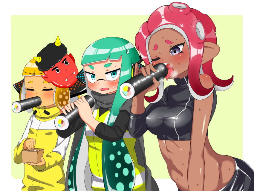 3girls agent_3_(splatoon) agent_4_(splatoon) agent_8_(splatoon) big_breasts female female_only inkling inkling_girl nintendo octoling octoling_girl pengin_maru sexually_suggestive splatoon splatoon_2 tagme