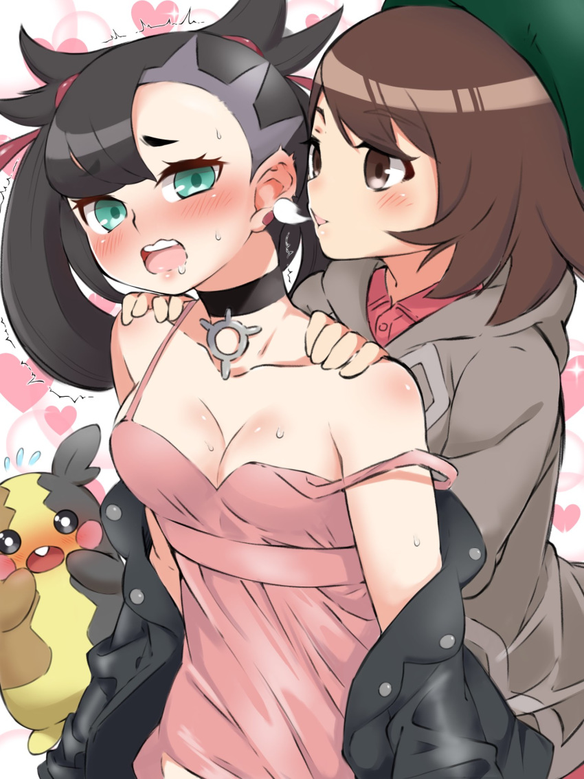 2girls ambiguous_gender blush breasts cleavage clothed eye_contact gloria_(pokemon) half-closed_eyes heavy_breathing human larger_female looking_at_viewer marnie_(pokemon) morpeko nintendo pengin_maru pokemon pokemon_ss size_difference source_request sweat trembling yuri