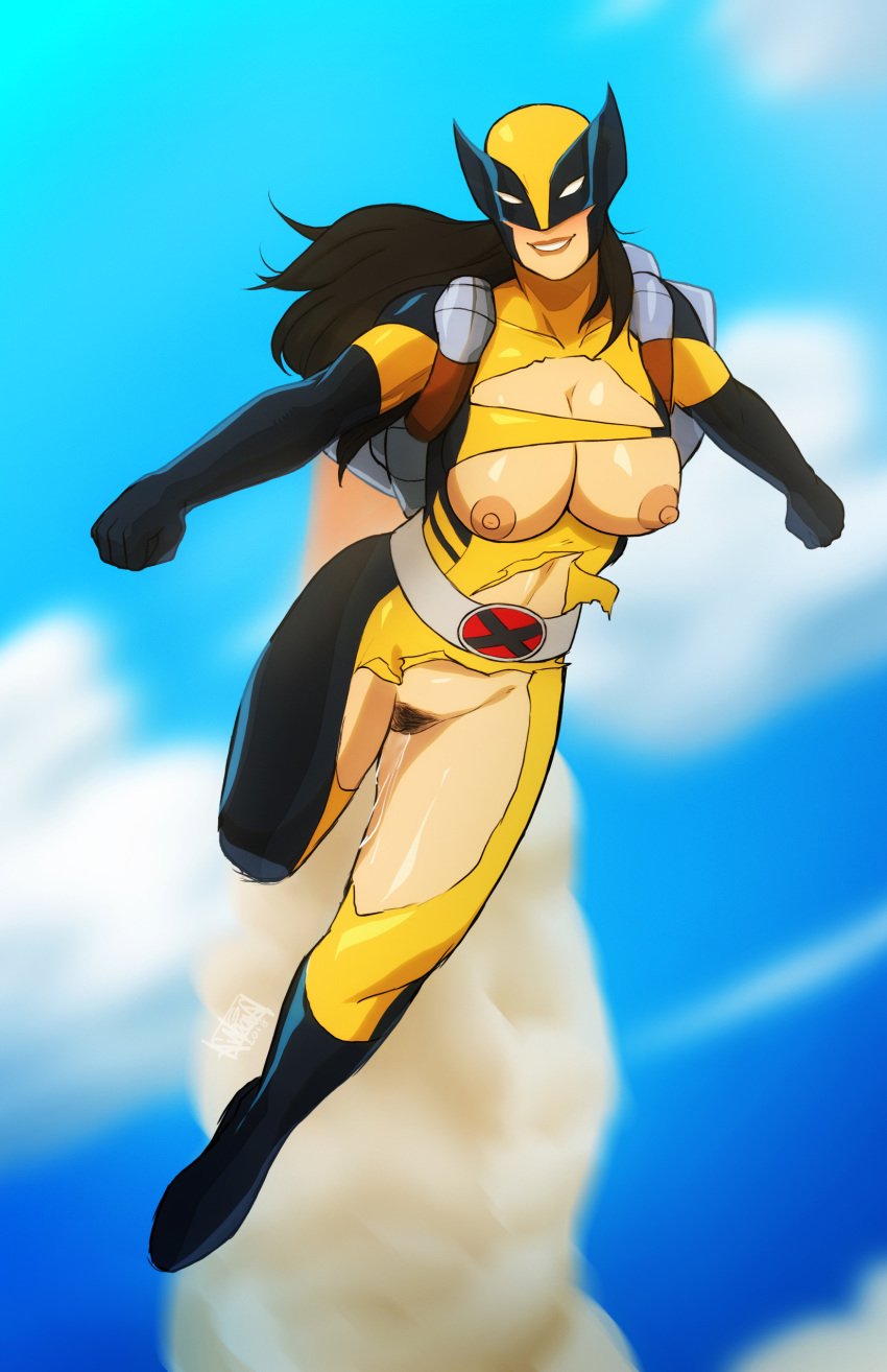 1girls 2018 absurdres areolae big_breasts black_hair bodysuit breasts busty canonical_scene crotchless female female_focus female_only flying highres hourglass_figure jetpack large_breasts laura_kinney long_hair marvel marvel_comics mask muscles muscular muscular_female naavs nipples pinup pose posing pubic_hair pussy pussy_juice pussy_juice_drip pussy_juice_trail solo torn_clothes vagina wide_hips wolverine_(x-23) x-23 x-men