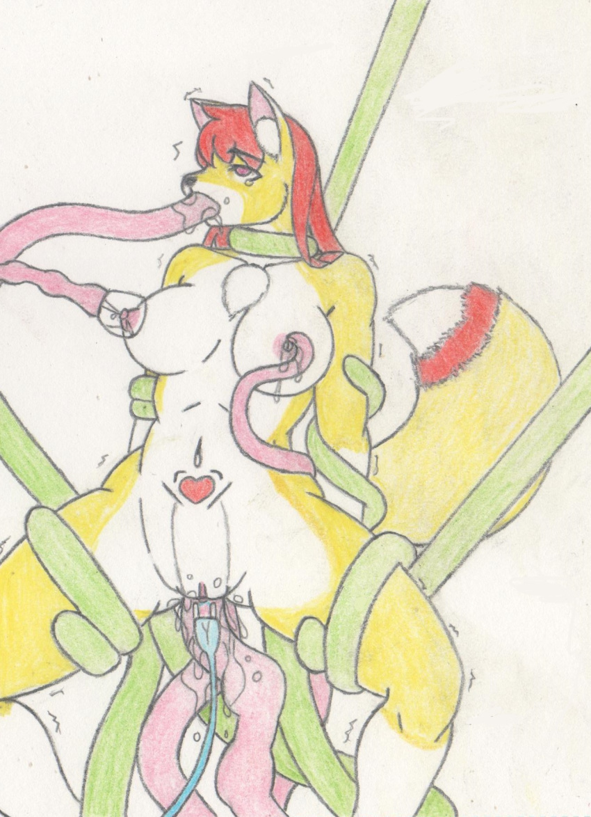 breasts canid canine colored_pencil_(artwork) female fox hair imjim007 mammal tentacle traditional_media_(artwork) youli