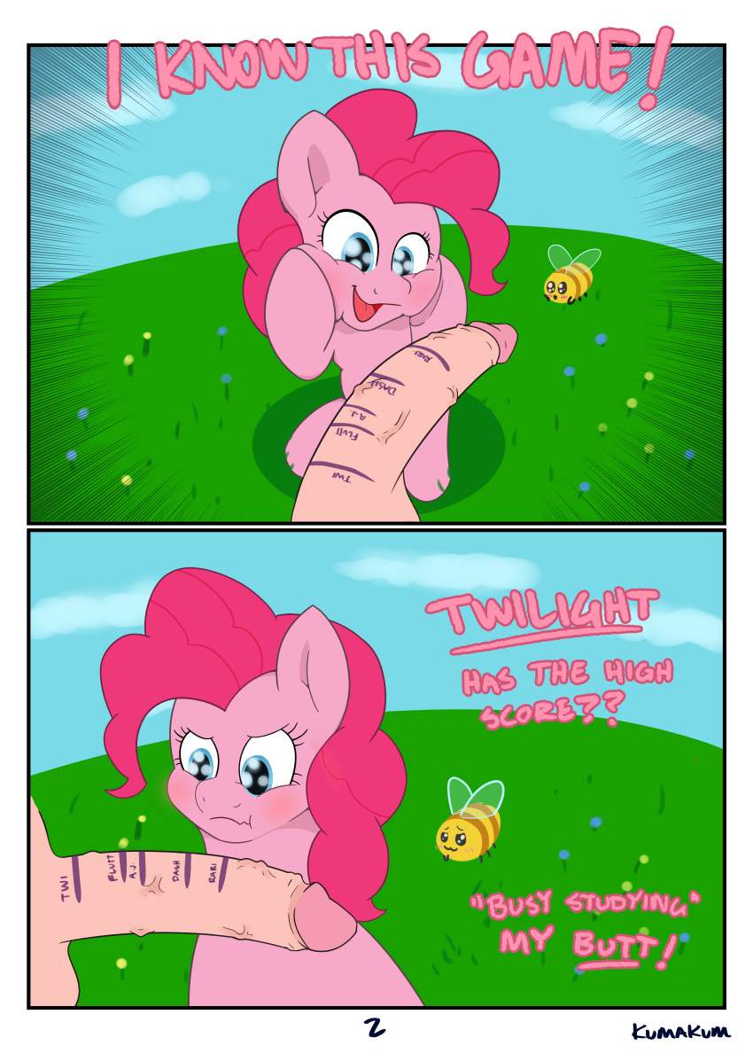 absurd_res ambiguous_gender arthropod bee blush comic disembodied_penis english_text equid equine feral friendship_is_magic group hi_res horse human_on_feral hymenopteran insects kumakum male mammal my_little_pony penis pinkie_pie_(mlp) pony text vein veiny_penis