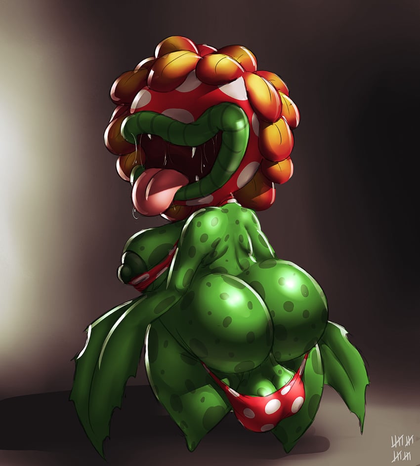 1futa 2016 anthro ass balls big_breasts bikini bodily_fluids breasts clothing dickgirl flora_fauna futa_only futanari gynomorph hi_res humanoid ikiki intersex lips looking_back mario_(series) nintendo nipples open_mouth petey_piranha piranha_plant plant saliva simple_background solo super_mario_sunshine swimwear tongue tongue_out video_games