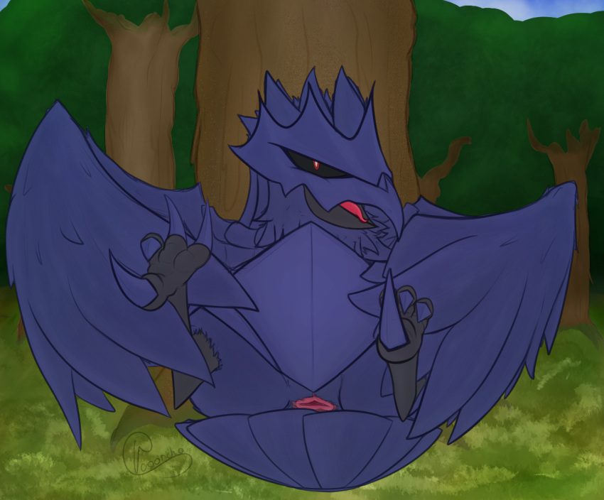 1girls 3_toes animal_genitalia armor avian beak black_sclera chubby claws cloaca corviknight detailed_background eye_contact feathers female female_only feral flat_chest half-closed_eyes looking_at_viewer lying nintendo nude on_back open_mouth pokémon_(species) pokemon pokemon_(species) pokemon_ss pussy solo talons text thick_thighs toe_claws toe_curl toes tongue vagoncho video_games watermark wide_hips wings