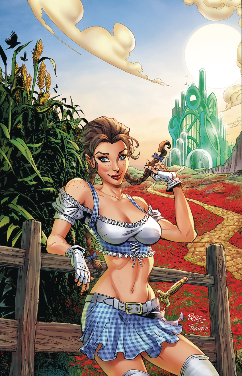 1girls beltskirt big_breasts blue_eyes blue_skirt braid braided_pigtails braids breasts brown_hair busty camisole city cityscape collaboration comic_cover corn cornfield cowboy_shot dorothy_gale dorothy_gale_(zenescope) emeral_city female female_only fence field fingerless_gloves flower flower_field freckles gloves grimm_fairy_tales_(comic) hair_flip jagdish_kumar john_royle large_breasts leaning leaning_back lipstick looking_at_viewer official_art pinup plaid_skirt poppies red_lips red_lipstick road shirt signature skirt skyline smile solo standing sun the_wizard_of_oz thighhighs wheat white_gloves white_thighhighs wooden_fence yellow_brick_road zenescope zenescope_entertainment