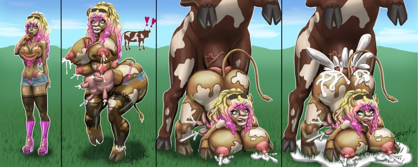 1boy 1girls 4_breasts ahe_gao anthro ass_expansion bestiality big_ass big_breasts big_lips bimbo bimbofication breast_expansion breasts cow cow_girl cow_hooves cow_horns cow_humanoid cow_tail cum eyes_rolling_back face_down_ass_up female furry gyaru huge_cock lactation lilith_art lip_expansion male multi_breast original original_character penis rolling_eyes tongue_out torn_thighhighs transformation udders zoophilia