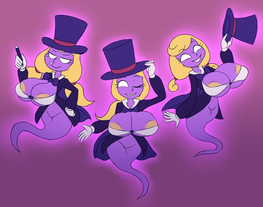 3girls areola_slip areolae big_breasts blonde_hair bowtie breasts female female_only ghost ginny_(luigi's_mansion) huge_breasts licking_lips lindsey_(luigi's_mansion) luigi's_mansion magician mario_(series) metachoke multiple_girls nikki_(luigi's_mansion) nintendo nipple_bulge purple_skin siblings sisters smile tagme top_hat triplets twintails wink