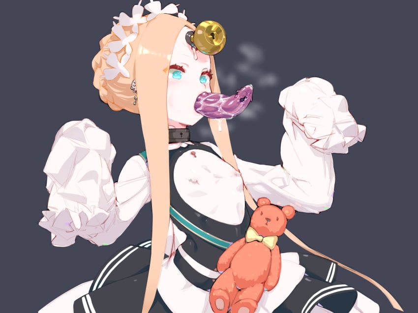 abigail_williams_(fate/grand_order) blonde_hair blue_eyes choker cum dildo doorknob drool fate/grand_order fate_(series) female pierced_nipples teddy_bear tentacle victim_alice white_skin