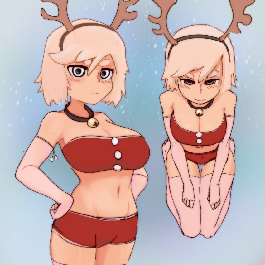 1girls antlers bandeau bell_collar blue_eyes blush breasts buttons cleavage collar elbow_gloves fake_antlers female gigawix gloves jingle_bell kneeling large_breasts light-skinned_female light_skin navel original pink_gloves reindeer reindeer_antlers seiza short_hair shorts thick_eyebrows thighhighs white_hair