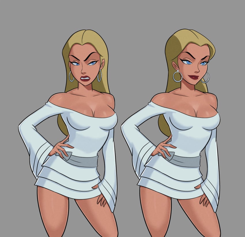 ass athletic bare_legs bare_shoulders blonde_hair blue_eyes bottomless breasts bubble_butt busty cleavage clothing dc dc_comics dcau dress female female_focus female_only hand_on_hip hand_on_thigh hourglass_figure long_hair medium_breasts pinup pose posing princess princess_audrey royal royalty skimpy skimpy_dress solo sunsetriders7 tagme