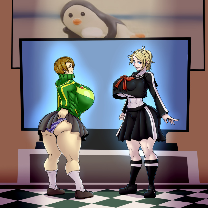 2019 2girls abs absurd_res ass atlus ber00 big_ass big_breasts blonde_hair blue_eyes breasts brown_eyes brown_hair cleavage clothed clothing curvy female female_only floor ginko high_resolution highres hourglass_figure huge_ass huge_breasts human human_only indoors jacket large_ass large_breasts lifting_skirt lisa_silverman looking_at_viewer megami_tensei muscular muscular_female outerwear panties penguin persona persona_2 persona_2_innocent_sin persona_4 ponytail poster satonaka_chie shoes short_hair smiling socks sportswear standing striped_panties television thick_thighs tomboy topwear track_jacket underboob upskirt voluptuous wide_hips