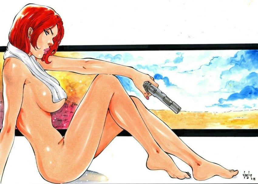 1girls 2019 7:5 barefoot black_widow_(marvel) blue_eyes breasts completely_naked_female convenient_censoring covering_breasts curvy dated ed_benes_studio eyeshadow female female_only fit fit_female gun holding_gun holding_pistol human human_only large_breasts light-skinned_female light_skin lipstick long_hair_female long_red_hair looking_at_viewer makeup marvel marvel_comics mascara natasha_romanoff nude pink_lips pink_lipstick pinup pistol red_hair short_hair signature sitting solo solo_female thighs towel towel_around_neck towel_covering_breasts towel_on_shoulders vagner_fernandes weapon