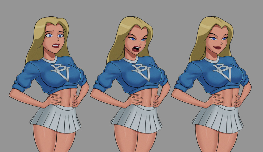 1girls athletic bare_legs bare_midriff blonde_hair blue_eyes breasts busty cheerleader cheerleader_uniform courtney_whitmore dc dc_comics dcau female female_focus female_only justice_league justice_league_unlimited long_hair medium_breasts navel pinup pleated_skirt pose posing pussy sleeves_rolled_up solo stargirl sunsetriders7 tagme thick_thighs vagina wide_hips