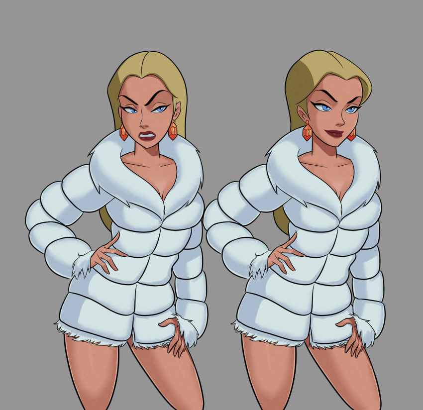 1girls angry areolae athletic blonde_hair blue_eyes busty cleavage dc dc_comics dcau earrings eyelashes eyeliner female female_focus female_only fur_coat hand_on_hip hand_on_leg hourglass_figure long_hair medium_breasts navel nipples pose posing princess princess_audrey pussy red_lipstick royal royalty shaved_pussy smiling solo sunsetriders7 tagme vagina white_coat wide_hips