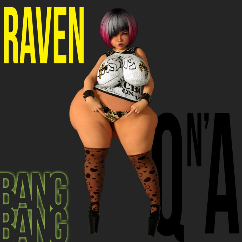 1girls 3d bangbangrush big_breasts bimbo bracelet bubble_butt busty curvy denim denim_shorts female female_only footwear front_view gray_hair hair_over_one_eye high_heels hourglass_figure human legwear looking_at_viewer midriff multicolored_hair pink_hair pose posing punk raven_(bangbangrush) short_hair short_shorts shorts shortstack simple_background solo spiked_bracelet spread_legs spreading standing stockings text thick_thighs thong voluptuous wide_hips