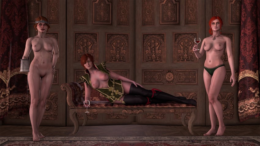 3d 3girls areolae artorias_(artist) athletic barefoot beer_mug black_legwear black_panties black_thighhighs blush breasts cd_projekt_red cerys_an_craite exposed_breasts feet female female_only green_eyes lipstick looking_at_viewer lying midriff navel necklace nipples nude nude_female on_side panties pussy red_hair red_lipstick shani source_filmmaker standing sweat the_witcher the_witcher_(series) the_witcher_2 the_witcher_3:_wild_hunt thighhighs toes toned toned_female topless triss_merigold wine wine_glass