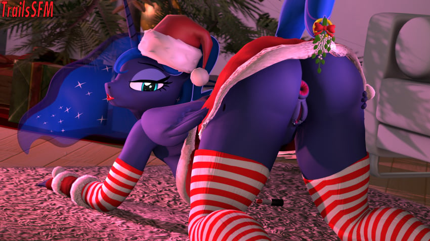 1girls 3d alicorn all_fours anthro anthrofied anus ass bedroom_eyes big_breasts big_butt bottomwear breasts christmas clothed clothing equid female female_only friendship_is_magic gloves handwear hat headgear headwear hi_res holidays horn inside legwear lipstick lipstick_on_anus looking_at_viewer looking_back makeup mammal mistletoe my_little_pony narrowed_eyes no_underwear plant presenting princess_luna_(mlp) pussy santa_hat seductive skirt solo source_filmmaker stockings trailssfm wings