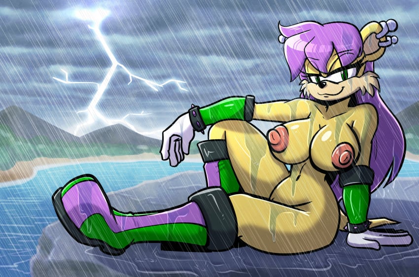 anthro archie_comics areola arm_support armwear big_breasts boots bracelet breasts cheek_tuft clothing cloud dripping ear_piercing ear_ring elbow_gloves eyebrow_through_hair eyebrows facial_tuft female female_only footwear gloves green_eyes hair handwear herpestid hi_res jewelry knee_pulled_up lake lightning mammal mina_mongoose mongoose mostly_nude mountain navel nipples outside piercing pinup plant pose purple_hair pussy raining reclining rock sachasketchy sitting smile solo sonic_(series) sonic_the_hedgehog_(archie) sonic_the_hedgehog_(comics) sonic_the_hedgehog_(series) spiked_bracelet spikes translucent translucent_hair tuft wallpaper water wet