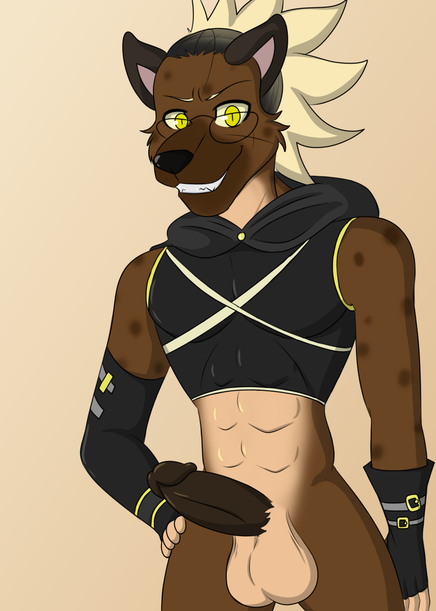 2019 anthro armwear balls bottomless brown_body brown_fur canid canine clothed clothing digital_media_(artwork) erection eyebrows eyewear fur glasses gloves hair handwear hi_res hood humanoid_penis hyaenid klr-rio male male_only mammal pecs penis radi scar simple_background smile solo spotted_hyena tied_hair topwear yellow_eyes