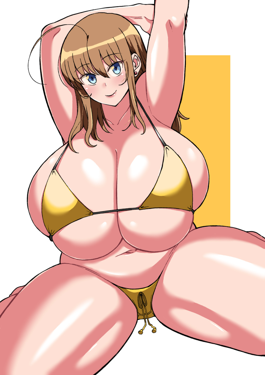 1girls armpits arms_up belly bikini blue_eyes breasts brown_hair bursting_breasts chubby cleavage female golden_bikini huge_breasts komusou_(jinrikisha) long_hair ooba_minori original plump smile solo thick_thighs yellow_bikini