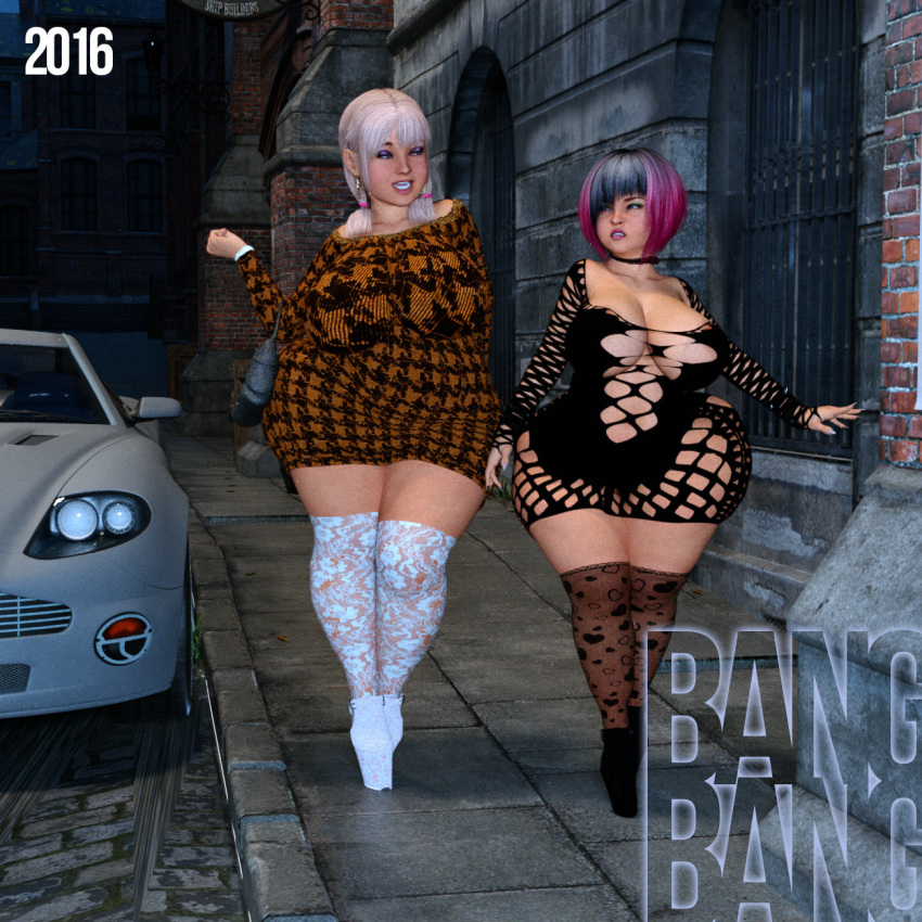 2girls 3d bag bangbangrush big_breasts bimbo busty car cleavage curvy detailed_background dress ear_piercing earrings eyelashes eyeshadow female female_only footwear gray_hair hair_over_one_eye hourglass_figure human legwear long_hair multicolored_hair multiple_females multiple_girls open_mouth outdoor outside piercing pink_hair pinky_(bangbangrush) pose posing punk raven_(bangbangrush) shadow short_hair shortstack spread_legs spreading stockings text voluptuous walking wide_hips