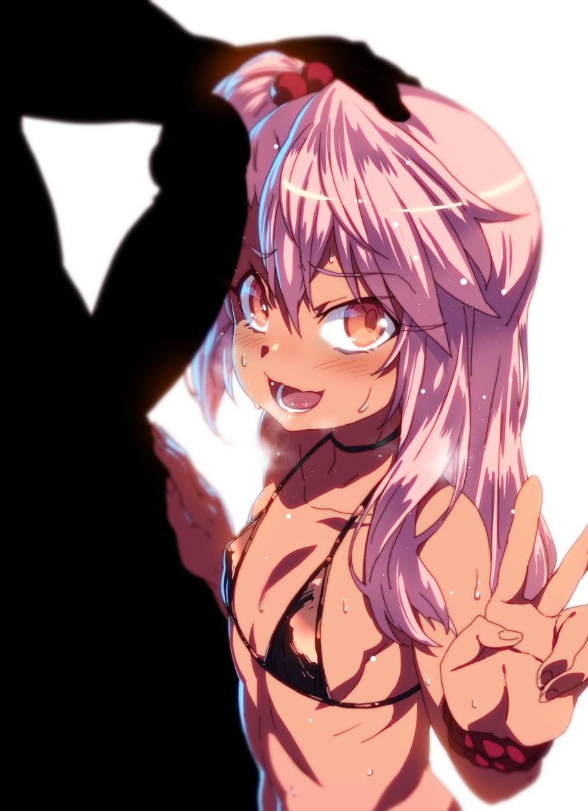 1boy 1girls bangs bare_shoulders blush breasts chloe_von_einzbern choker collarbone dark_skin erection eyelashes fate/kaleid_liner_prisma_illya fate_(series) female hair_between_eyes hair_bobbles hair_ornament highres long_hair looking_at_viewer male micro_bikini_top one_side_up orange_eyes penis petting pink_hair scrunchie simple_background small_breasts smile straight sweat tan tasaka_shinnosuke v white_background wrist_scrunchie