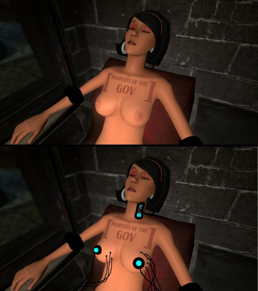 1girls 3d areolae black_hair female female_only garry's_mod human human_female human_only hypnosis hypnotized mind_break mind_control nipples restrained scout's_mother sleeping solo tattoo team_fortress_2 tech_control