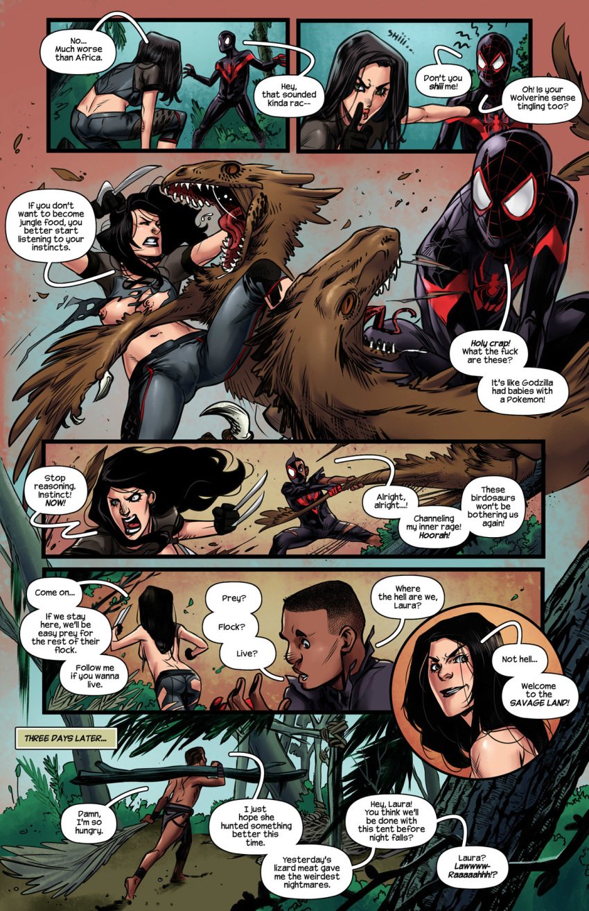 abs ass ass_visible_through_thighs athletic balls bayushi black_eyes black_hair busty clitoris comic covering dark-skinned_male dark_skin erect_nipples female hourglass_figure interracial jungle labia laura_kinney loincloth long_hair male marvel marvel_comics medium_breasts miles_morales navel nipple_bulge pale-skinned_female parody parody_porn pecs penetration penis pose posing pubic_hair pussy spider-man_(miles_morales) spider-man_(series) underboob vaginal_penetration x-23 x-men