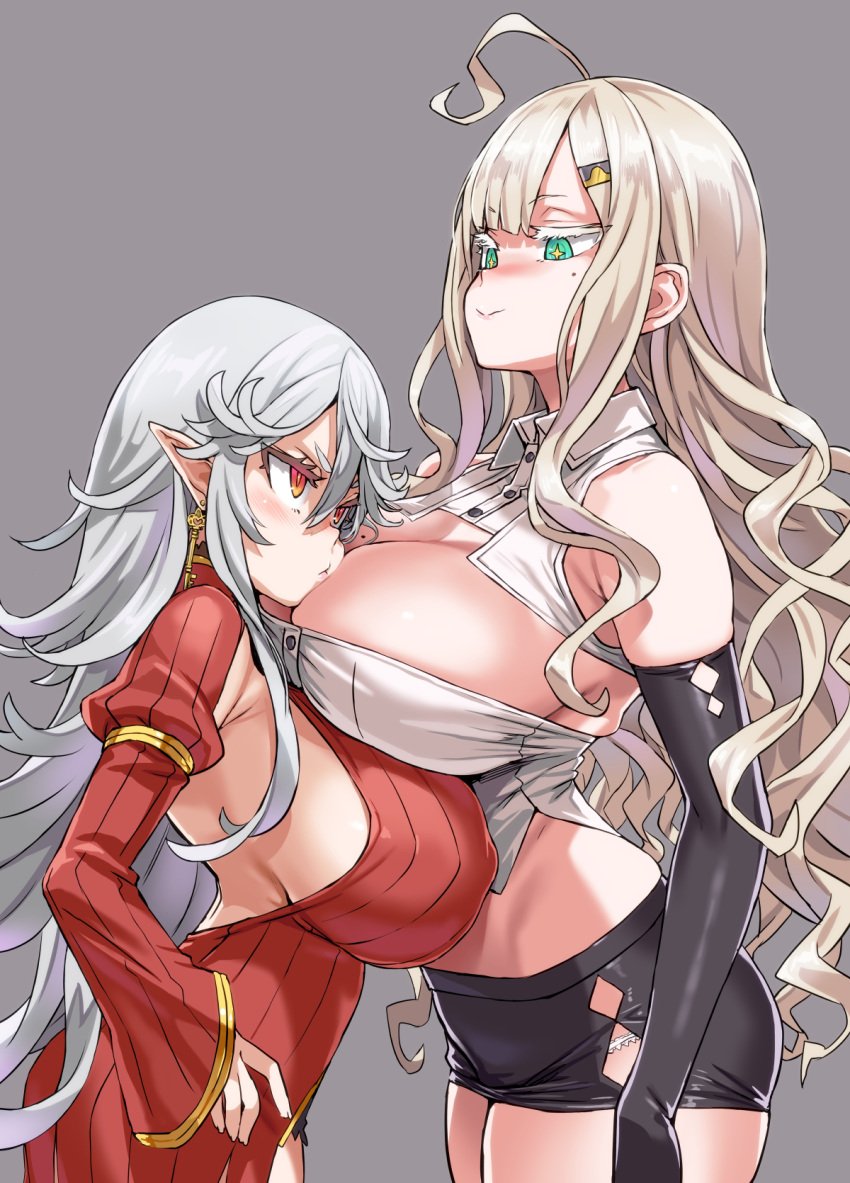 +_+ 2girls ahoge asanagi asymmetrical_docking black_gloves breast_press breast_rest breasts carl_friedrich_gauss_(eiyuu_senki) cleavage colored_eyelashes cowboy_shot dante_alighieri_(eiyuu_senki) earrings eiyuu_senki_ww elbow_gloves eyebrows_visible_through_hair from_side gloves green_eyes grey_background hair_between_eyes hair_ornament hairclip hand_on_hip highres huge_breasts jewelry juliet_sleeves light_brown_hair long_sleeves microskirt mole mole_on_breast mole_under_eye multiple_girls orange_eyes pointy_ears puffy_sleeves sideboob sidelocks silver_hair simple_background skirt smile tsurime