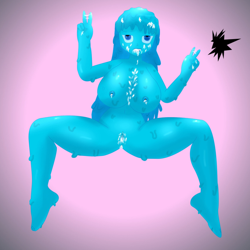 1:1 1girls absurd_res ali_the_slime anus big_breasts blue_body blue_eyes blue_skin bodily_fluids breasts cum cum_in_hair cum_in_pussy cum_inside cum_on_breasts cum_on_face cum_on_hand double_v drakcara_art female female_only fucked_silly genital_fluids gesture goo_creature goo_girl goo_humanoid hair hi_res humanoid jmsdf looking_pleasured monster_girl_(genre) pink_background pseudo_hair pussy pussy_juice simple_background slime solo v