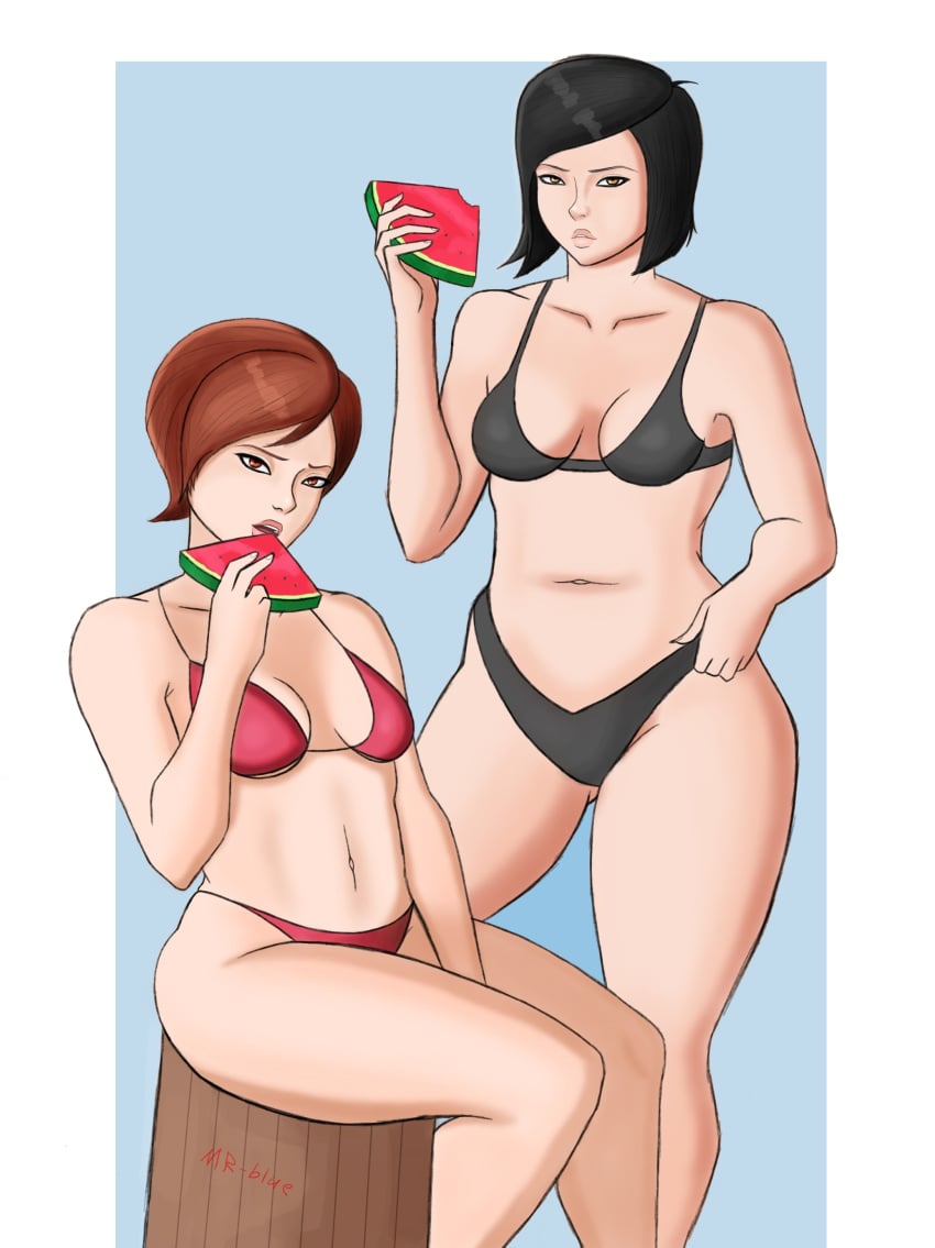 2d 2girls artist_name black_hair breasts brown_eyes brown_hair coraline crossover disney eating helen_parr looking_at_viewer mel_jones milf mr-blue multiple_girls pixar short_hair sitting smooth_skin swimsuit the_incredibles