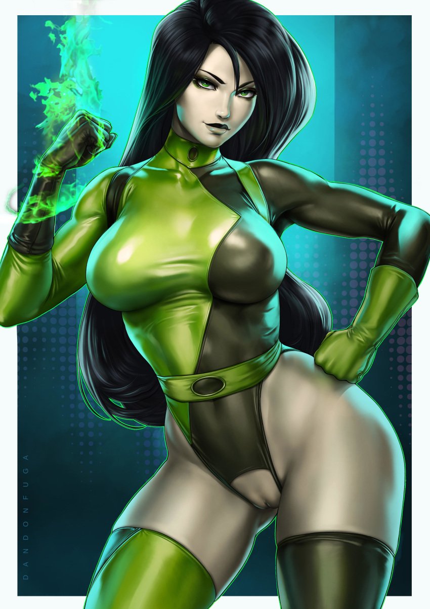 1girls absurd_res black_hair breasts crotch_cutout crotchless_leotard dandon_fuga disney female female_only green_eyes grey_skin highres kim_possible large_breasts paid_reward patreon_reward pussy shego solo