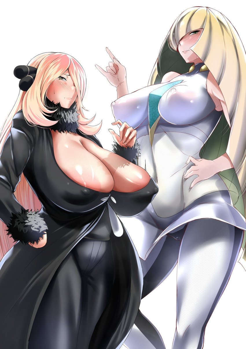 2girls abs aether_foundation alternate_breast_size big_breasts blonde blonde_hair breasts chubby clothed coat cynthia_(pokemon) eye_contact female female_only hair_over_one_eye half-closed_eyes hanging_breasts huge_breasts looking_at_viewer lusamine_(pokemon) mature mature_female milf mother multiple_girls nintendo plain_background pokemon pokemon_dppt pokemon_sm simple_background source_request thick_thighs tomako_(tatihitoe) white_background wide_hips