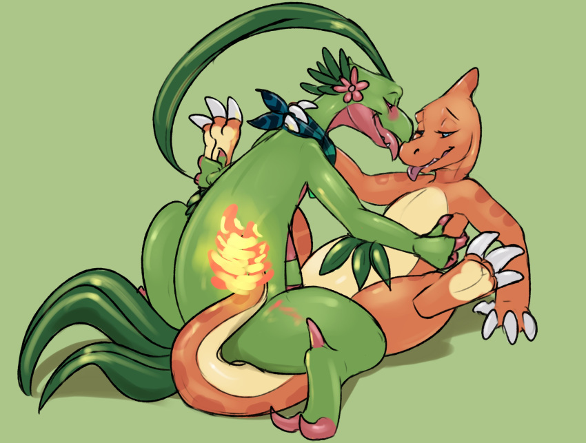 1boy 1girls 2019 accessory alternate_color amali_(byzil) ambiguous_penetration anthro_only blue_eyes blush charmeleon deessel dew_(deessel) duo female feral fire grovyle lying male missionary_position nintendo on_back open_mouth orientation_play original_character penetration pokémon_(species) pokemon pokemon_rgby pokemon_rse scarf sex simple_background straight tongue tongue_out video_games