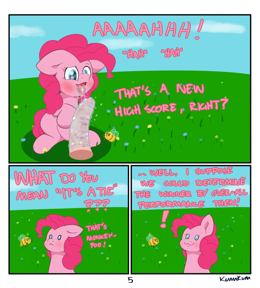 absurd_res arthropod bee bodily_fluids comic female feral friendship_is_magic hi_res human human_on_feral hymenopteran insects kumakum male mammal my_little_pony penis pinkie_pie_(mlp) saliva straight text