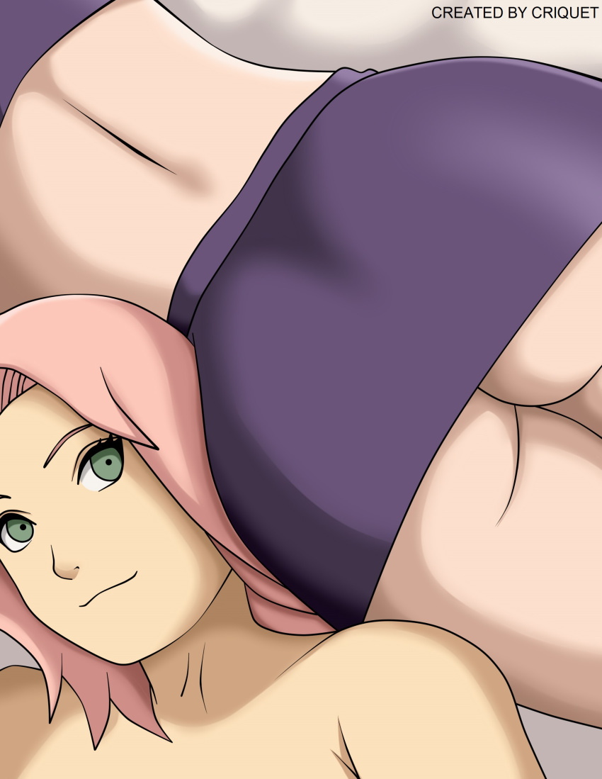 2girls ass ass_focus bed big_ass clothed_female_nude_female clothing criquet female female_only green_eyes ino_yamanaka multiple_girls naruto naruto_(series) naruto_shippuden pink_hair sakura_haruno short_hair skirt smile yuri