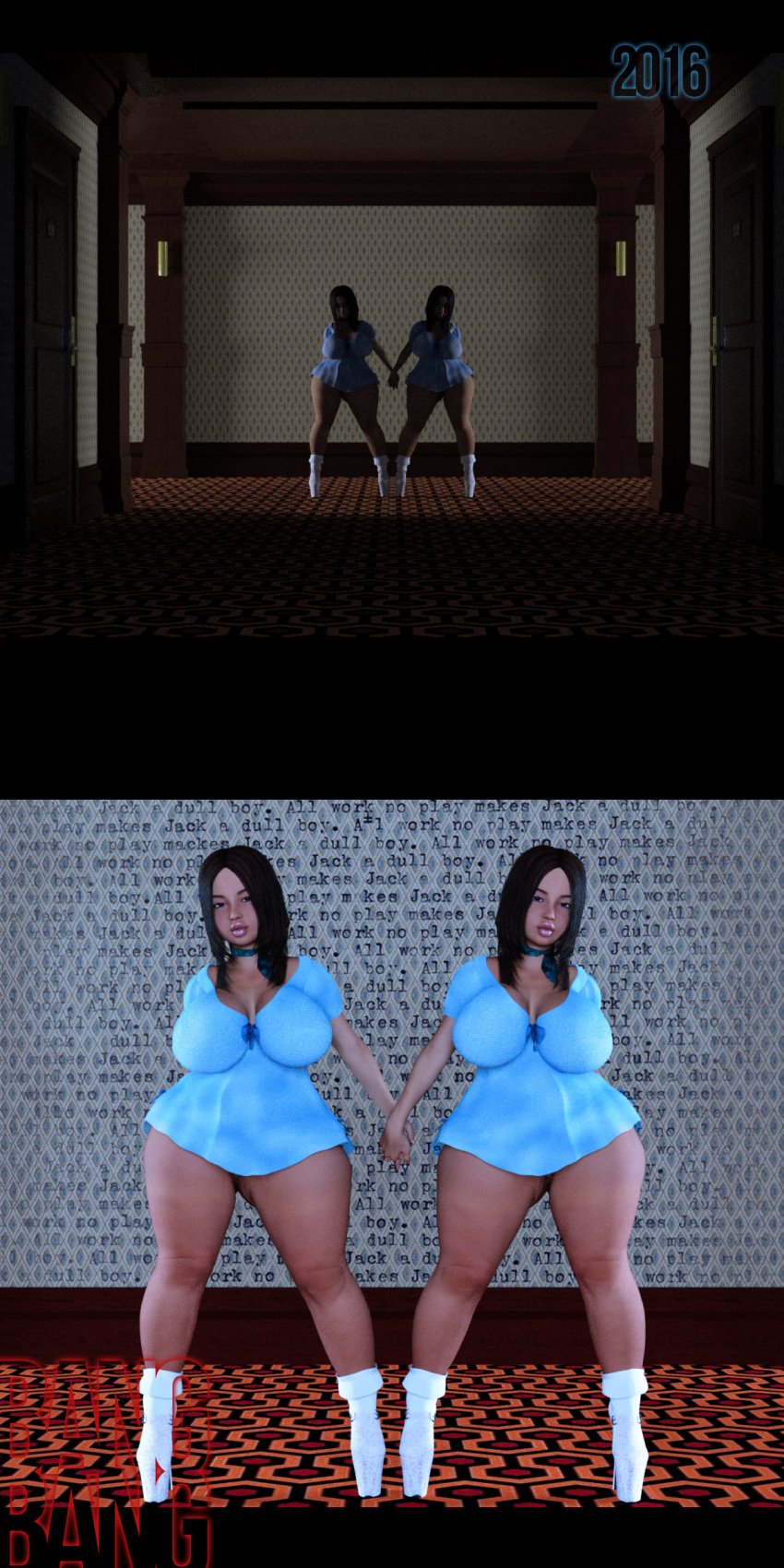 2girls 3d artist_name bangbangrush big_ass big_breasts big_butt bimbo black_hair blue_dress busty curvy detailed_background dress female female_only front_view grady_twins high_heels holding_hand hourglass_figure human indoor inside long_hair looking_at_viewer multiple_females multiple_girls original_character pose posing room shadow short_hair shortstack siblings side_view sister sisters spread_legs spreading standing stephen_king text the_grady_twins the_shining thick_thighs twins voluptuous wide_hips