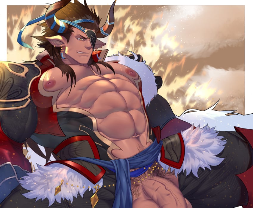 1boy abs bara brown_hair bulge chest dark_skin draph earrings erection eyepatch firenzesaika granblue_fantasy horns jewelry large_penis long_hair looking_at_viewer male_focus male_only muscle navel nipples pectorals penis pointy_ears reinhardtzar shirtless solo testicles