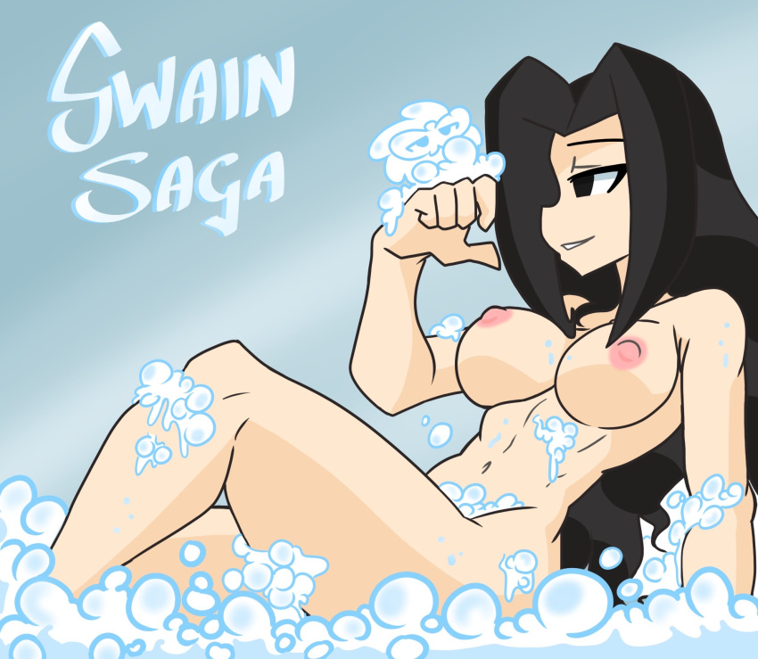 1girls abs bath big_breasts black_eyes black_hair bubbles female female_only geoexe gkvalhalla gwain_saga long_hair luna_(gwain_saga) matching_hair/eyes soap solo water