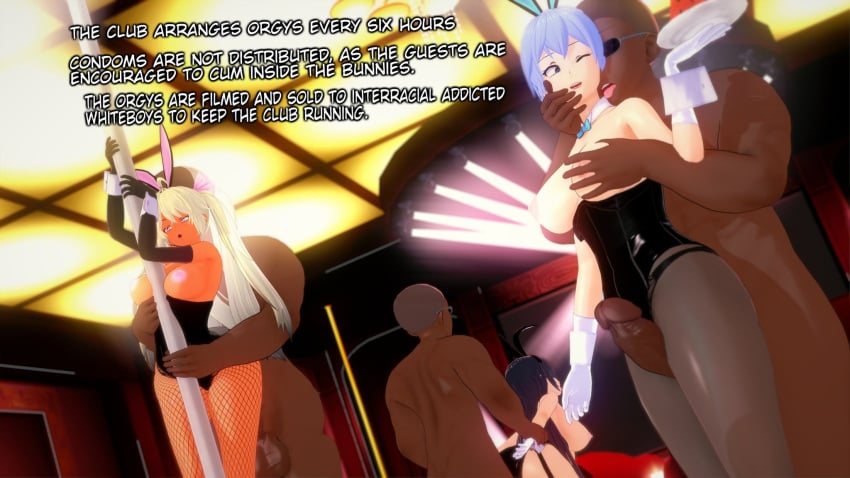 3boys 3d 3girls big_penis black_hair blonde_hair blue_hair bunny_ears bunnysuit cleric_(numbersguy) dark-skinned_male dark_skin english_text female interracial koikatsu large_breasts male numbersguy original queen_of_spades sensei_(numbersguy) sex text thigh_sex vaginal_penetration warm_(numbersguy)