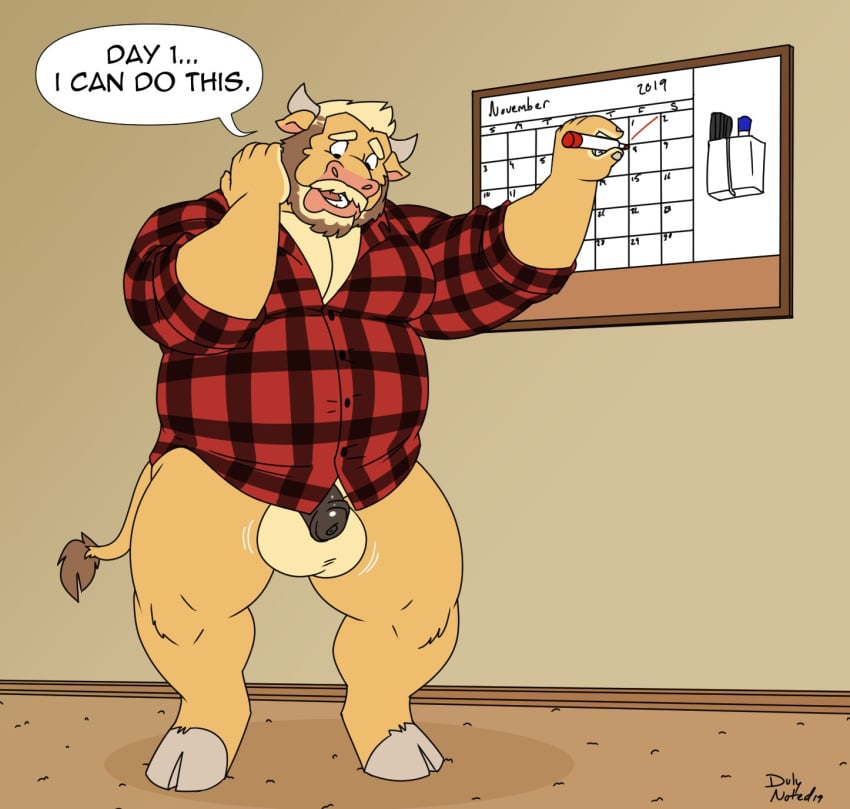 2019 animal_genitalia animal_penis anthro balls beard belly bottomless bovid bovine calendar_(object) cattle clothed clothing cloven_hooves duly_(character) duly_noted english_text facial_hair flaccid hooves horn male male_only mammal marker moustache no_nut_november overweight overweight_male penis plaid solo solo_male speech_bubble text