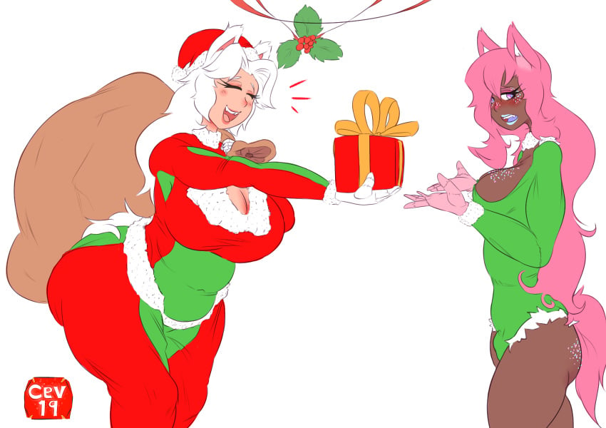 2019 animal_humanoid anthro ass belly big_breasts blue_tongue blush breasts bulge canid canid_humanoid canine canine_humanoid canis cev cev_rosa christmas christmas_hat clair_sewall closed_eyes clothed clothing dark_skin dickgirl domestic_dog duo eyeshadow female fingers futanari gift girly gloves gynomorph hair hat headgear headwear hi_res holidays humanoid intersex lipstick long_hair makeup mammal mammal_humanoid open_mouth pink_hair present santa_hat simple_background smile teeth tongue white_hair