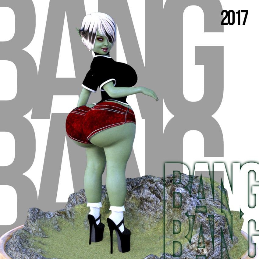 1girls 3d artist_name back_view bangbangrush big_ass big_breasts big_butt bimbo black_hair bubble_butt busty butt_crack curvy dat_ass eyelashes female female_only gobbi_(bangbangrush) goblin goblin_female green_skin hair_over_one_eye high_heels hourglass_figure humanoid looking_at_viewer looking_back midriff multicolored_hair pointy_ears pose posing room short_hair short_shorts shorts shortstack sideboob simple_background smiling socks solo spread_legs spreading standing text voluptuous white_background white_socks wide_hips