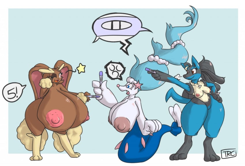 anthro areola big_breasts blue_body blue_eyes blue_fur blue_hair breasts brown_body brown_fur canid canine female fur growth hair huge_breasts hyper hyper_breasts hyper_pregnancy lagomorph long_hair lopunny lucario mammal marine navel nintendo nipples nude pokemon pokemon_(species) pokemon_sm pregnant primarina simple_background smile story story_in_description thick_thighs trcfan video_games